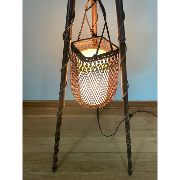 Vintage Bamboo Tripod Floor Lamp with Rattan Shade - Picture 5 of 8